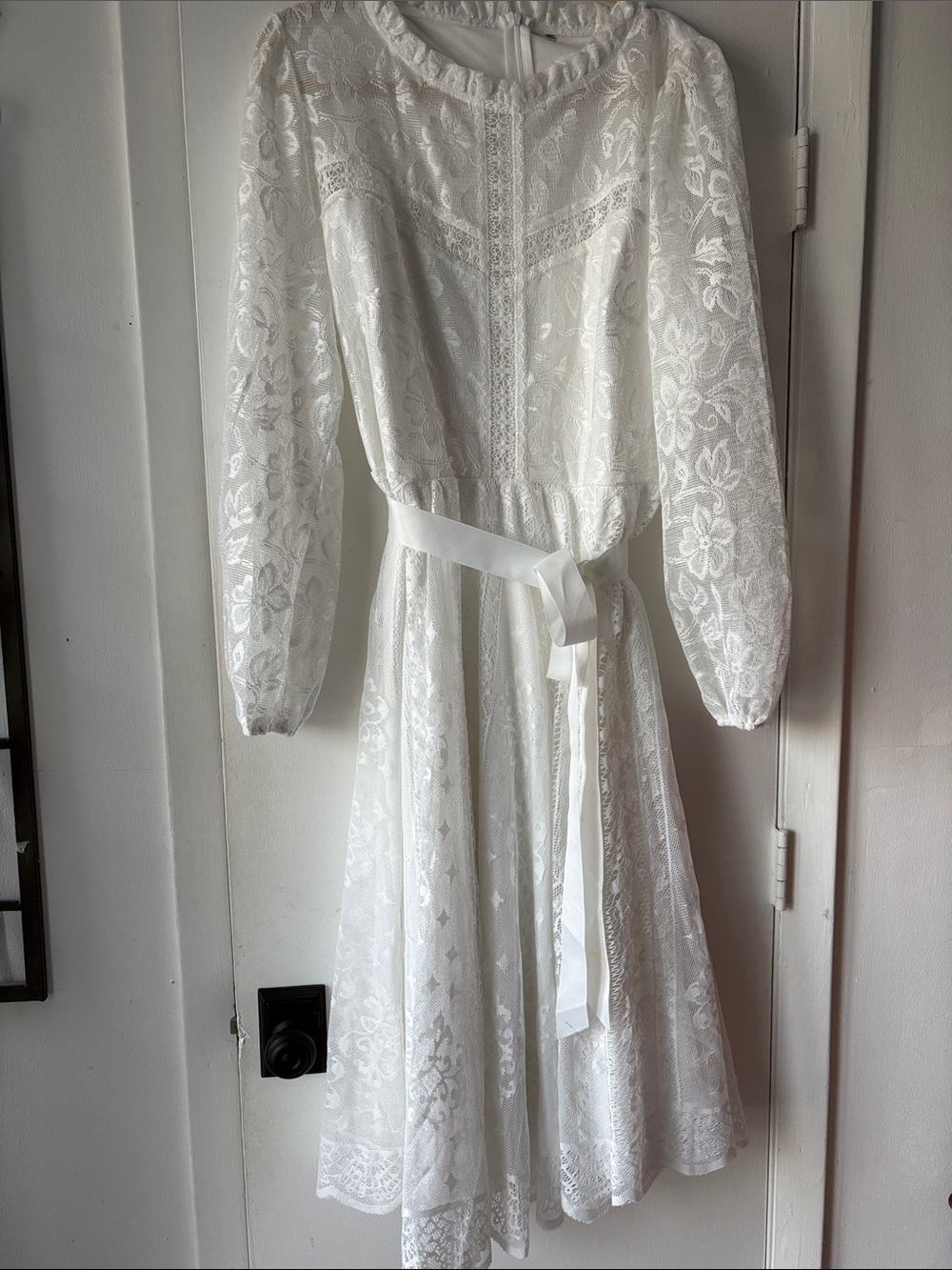 SHEIN White Lace Long Sleeve Midi Dress with Waist Tie 3x